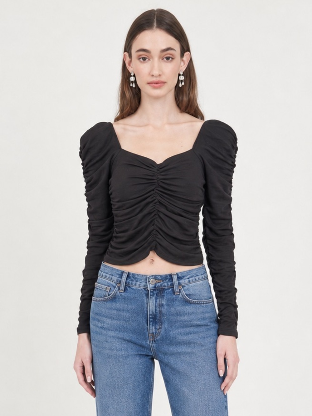 New! Christy Lynn Ruched Square-Neck Long Sleeve Black Blouse 🖤 Medium NWT!